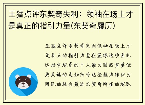 王猛点评东契奇失利：领袖在场上才是真正的指引力量(东契奇履历)