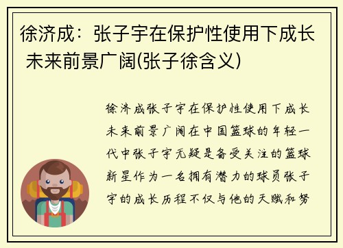 徐济成：张子宇在保护性使用下成长 未来前景广阔(张子徐含义)