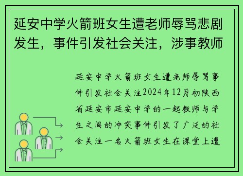 延安中学火箭班女生遭老师辱骂悲剧发生，事件引发社会关注，涉事教师已被停职