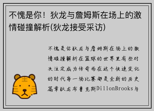 不愧是你！狄龙与詹姆斯在场上的激情碰撞解析(狄龙接受采访)