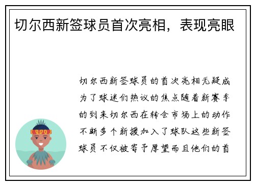 切尔西新签球员首次亮相，表现亮眼