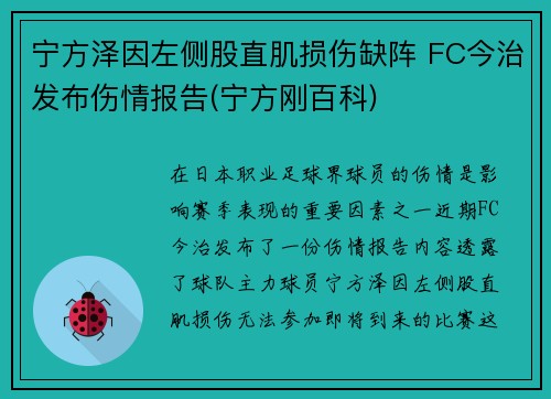 宁方泽因左侧股直肌损伤缺阵 FC今治发布伤情报告(宁方刚百科)